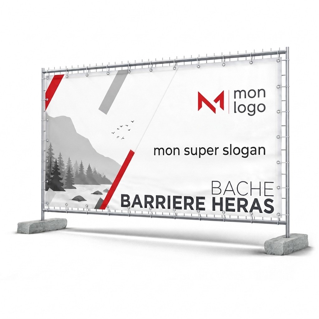 Impression banderole pour barrière et clôture de chantier type HERAS - 340x173 cm